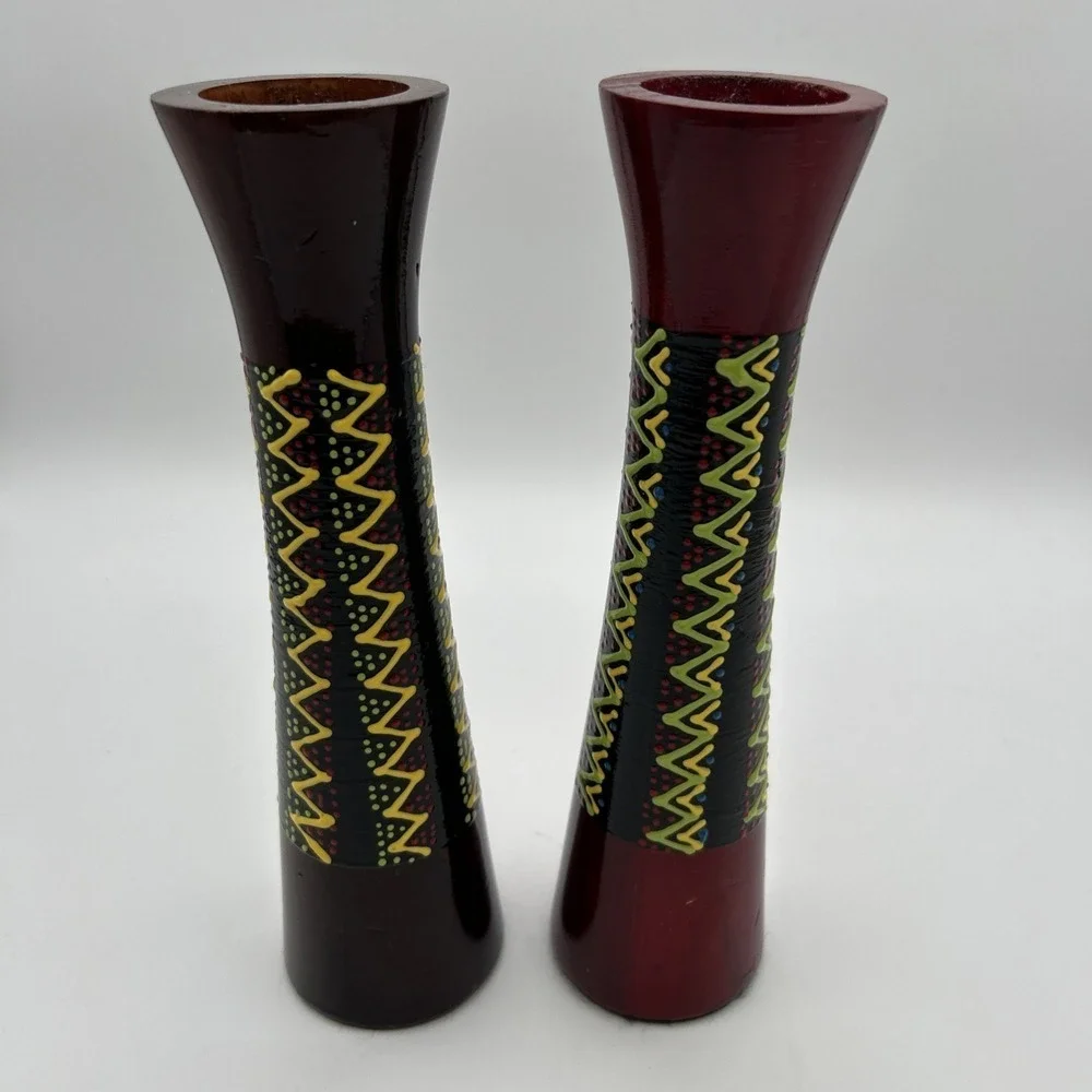 Hand Painted Wooden Candlestick Holders‎ OS Red Brown Tribal Pattern Set